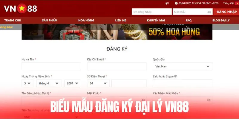 Biểu mẫu đăng ký đại lý VN88
